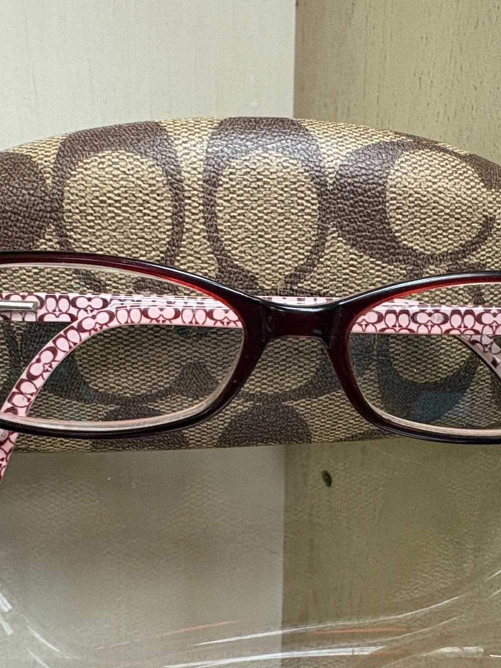 Coach Women's Burgundy Frame Glasses with Pink Patterned Temples and case